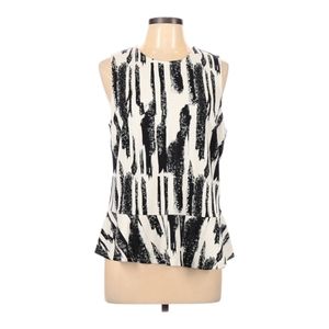 Kaari Blue Sleeveless Top Size L Black Ivory Crew Neck Keyhole Back Peplum Hem